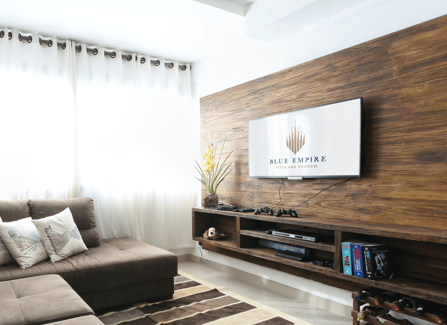 Modern living room with wall-mounted TV.