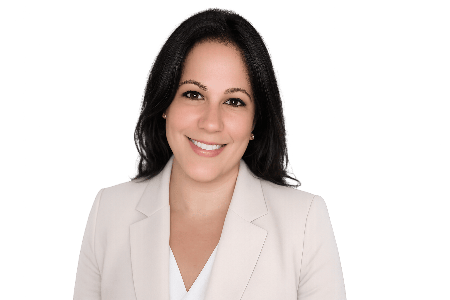 Professional headshot: smiling woman in white blazer
